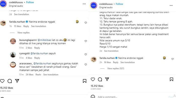 Komentar Food Vlogger dan Seleb TikTok, Nurida Farhan yang dikecam, Sabtu (23/9/2023) malam.