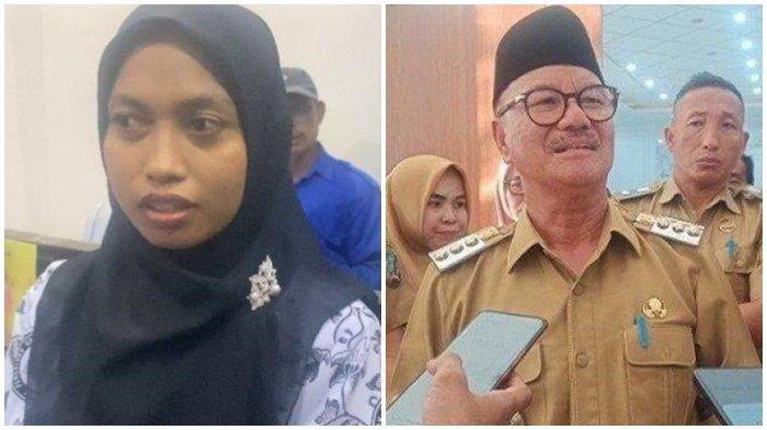 (Kiri) Guru honor Supriyani (kanan) Bupati Konawe Selatan, Surunnudin Dangga. Konflik Supryani dengan Bupati Konawe Selatan, Surunnudin Dangga terjadi saat adanya pertemuan mediasi dengan kedua orang tua korban.
