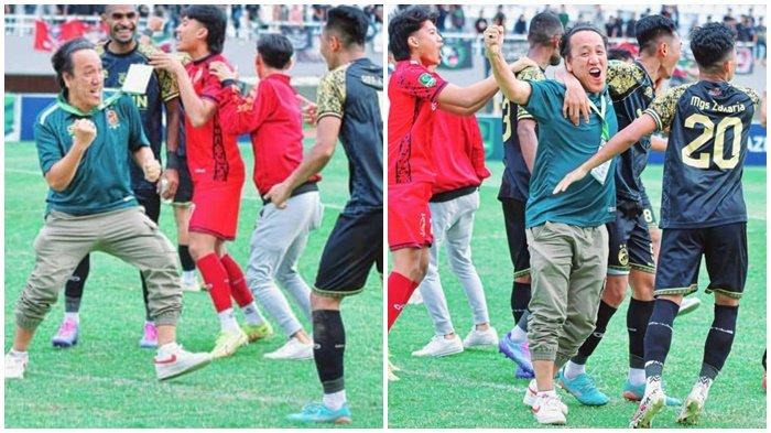 RAYAKAN KEMENANGAN SFC - Asisten Manajer Tim Sriwijaya FC Mohammad David bersama penggawa SFC di Stadion Gelora Sriwijaya Jakabaring Palembang merayakan kemenangan Elang Andalas lolos dari degradasi dan bertahan di Liga 2.