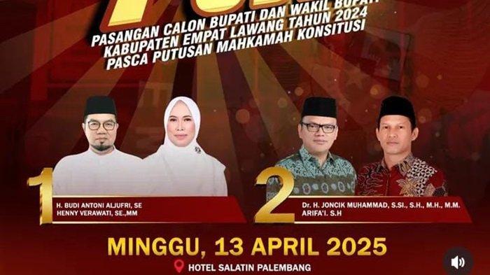 DEBAT PSU EMPAT LAWANG - Komisi Pemilihan Umum (KPU) Kabupaten Empat Lawang akan gelar debat publik untuk 2 pasangan calon PSU Empat Lawang Budi Antoni Aljufri - Henny Verawati dan Joncik Muhammad - Arifai, Minggu (13/4/2025), KPU pastikan ada sesi tanya jawab antar paslon pada debat publik ini.