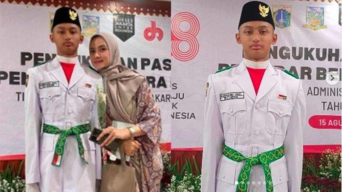 Dhofin Maula Jamil anak dari aktor Ibnu jamil kenakan seragam paskibraka. 
