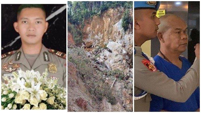 (Kiri) Potret AKP Ryanto Ulil semasa hidup (tengah) Ilustrasi penampakan galian C di Solok Selatan yang jadi pemicu AKP Dadang Iskandar tembak mati AKP Ryanto Ulil.(kanan)  AKP Dadang Iskandar kenakan kostum tahanan biru saat diamankan di Polda Sumbar.