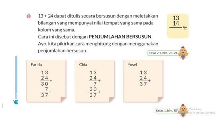 Inilah bentuk Penjumlahan Bersusun dalam kunci jawaban Matematika kelas 2 SD halaman 42-44 semester 1 Kurikulum Merdeka.