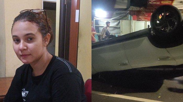 ARTIS KECELAKAAN MOBIL - Artis Larasati Nugroho (kanan) dan mobilnya (kiri) terbalik saat kecelakaan di Pesanggrahan, Jakarta Selatan. Berawal dari serempet motor hingga mobil terguling, polisi pastikan sang artis tak dipengaruhi alkohol.