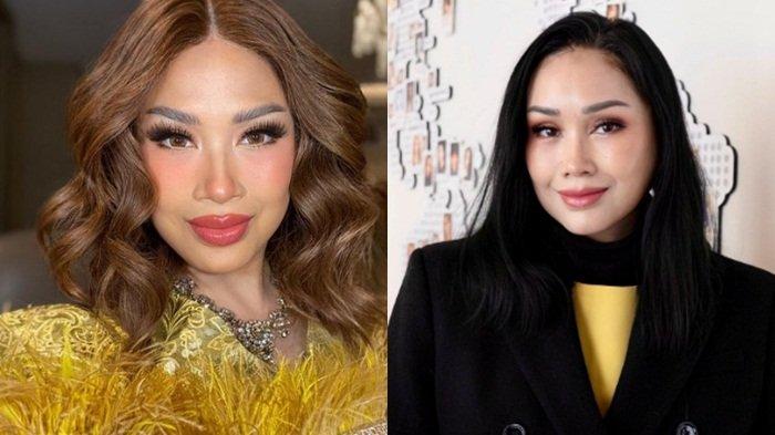 Perbandingan wajah Titi DJ menggunakan make up tebal (kiri) dengan yang terbaru pasca operasi anti penuaan (kanan).