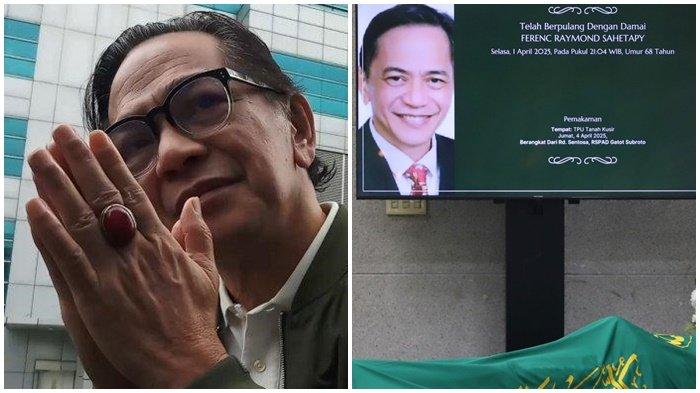 RAY SAHETAPY DIMAKAMKAN- (kiri) Potret aktor senior Ray Sahetapy semasa hidup saat berada di kompleks studio Trans TV, Jakarta Selatan, Jumat 7 Februari 2020. (kanan) Jenazah almarhum Ray Sahetapy di rumah duka sentosa, RSPAD Gatot Subroto, Jakarta Pusat, Rabu (2/4/2025). Ray Sahetapy akan dimakamkan di tempat pemakaman umum (TPU) Tanah Kusir, Jakarta Selatan siang ini, Jumat (4/4/2025).