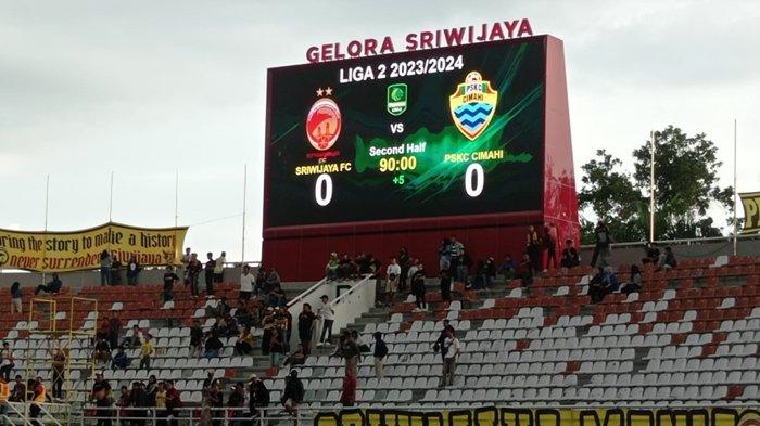 Skor 0-0 akhir laga play-off perdana Sriwijaya FC vs PSKC Cimahi di Stadion Gelora Sriwijaya Jakabaring Palembang, Minggu (7/1/2024) sore.