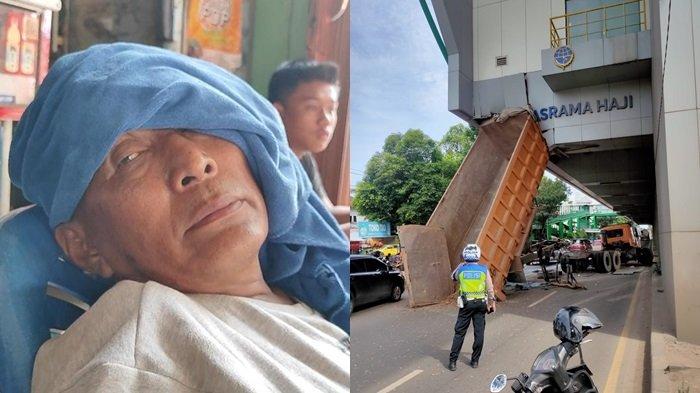 Sopir dump truk yang baknya tersangkut  di stasiun LRT Asrama Haji (kiri), petugas atur arus lalu lintas di lokasi (kanan).