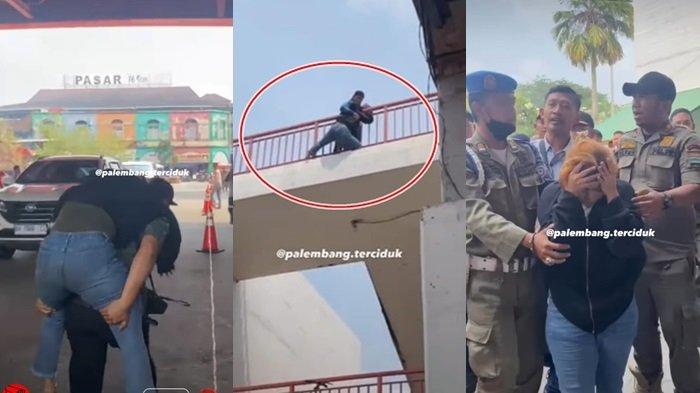 Sosok wanita yang diduga hendak melakukan percobaan bunuh diri di Jembatan Ampera, Sabtu (14/10/2023).