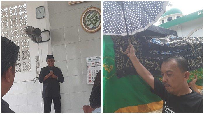 (kiri) Syahrial Oesman mengucapkan turut berbelasungkawa atas meninggalnya H Syafik Umar. (kanan) Pelayat mengantar jenazah H. Syafik Umar ke tempat peristirahatan terakhir di Desa Tanjung Atap, Kecamatan Tanjung Batu, Ogan Ilir, Sabtu (16/11/2024) siang sekira pukul 13.00.