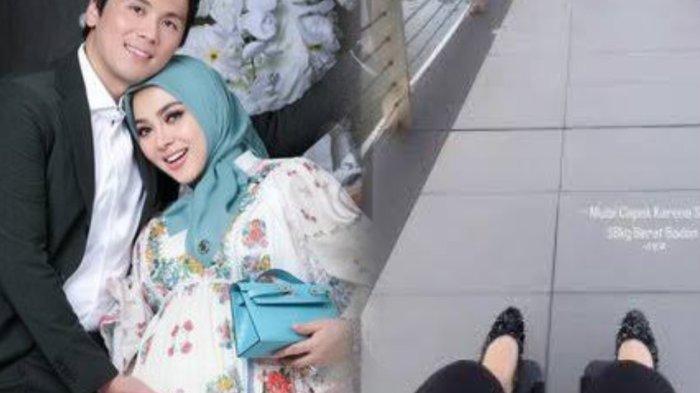 Syahrini duduk di kursi roda saat kehamilannya memasuki trimester ketiga