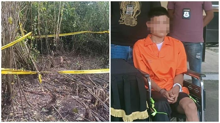 TKP JASAD BOCAH - Tempat kejadian perkara penemuan jasad bocah SD Seorang anak perempuan Rania Dwi Putri (6) yang sempat dibawa Rozi Yanto (20) ditemukan dengan kondisi tidak bernyawa di area perkebunan karet Desa Pedamaran 5, Kecamatan Pedamaran, Kabupaten Ogan Komering Ilir (OKI) pada Sabtu (26/7/2025) malam. (Kanan_ foto tersangka Rozi pelaku saat diamankan polisi.