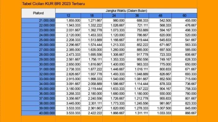 Tabel Angsuran KUR BRI 2023 Rp21-40 Juta, Selasa (19/9/2023).