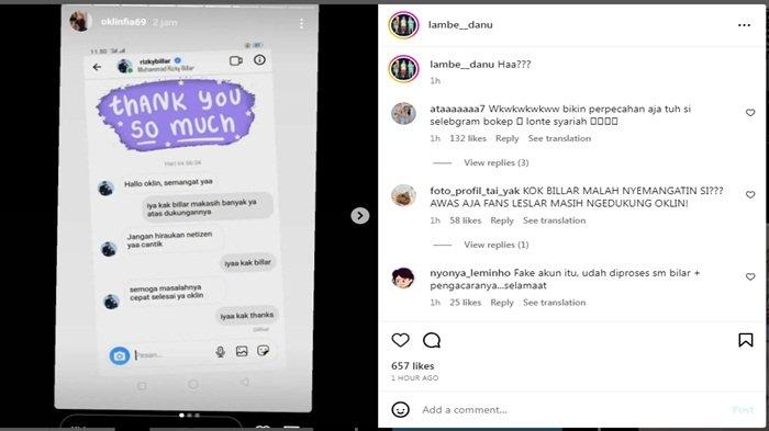 Unggahan akun Instagram @oklinfia79 seret nama Rizky Billar.
