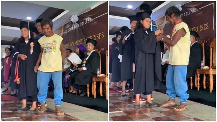 Wisudawati terlihat bangga dengan kehadiran ayahnya walaupun memakai pakaian sederhana