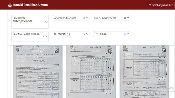 PSU EMPAT LAWANG -- Tangkap layar website KPU, Sabtu (19/4/2025). Memperlihatkan hasil sementara rekapitulasi PSU Empat Lawang di TPS 003 Kelurahan Air Mayam, Kecamatan Pasemah Air Keruh. Paslon 02 Joncik Muhammad-Arifai unggul. (website KPU)