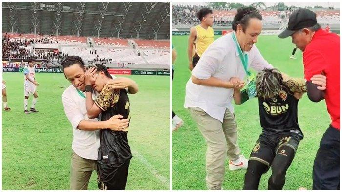DAVID BARENG TOMI - Ketua Askot PSSI Palembang Muhammad David bersama Kapten Tim Tomi Darmawan yang tak mampe menahan tangis haru kemenangan atas Persikota Tangerang 1-0 di Stadion Gelora Sriwijaya Jakabaring Palembang, Sumatera Selatan, Selasa (4/2/2025). Bos David menyemangati Sriwijaya FC untuk merebut kesempatan lolos degrdasi dengan bertekad mengalahkan PSMS Medan sore ini.