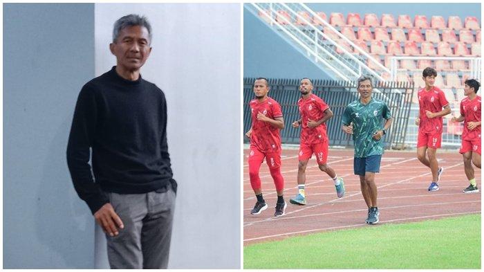 DINO IKUT JOGING - Pelatih fisik Dino Sefriyanto ikut joging latihan bersama para pemain Sriwijaya FC di Stadion Bumi Sriwijaya Palembang musim kompetisi Liga 2 2023/24.