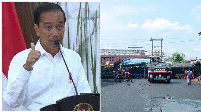 Para petugas sibuk melakukan perbaiki jalan di Pasar Inpres Lubuklinggau, menjelang kedatangan Presiden Jokowi, Rabu (29/5/2024).