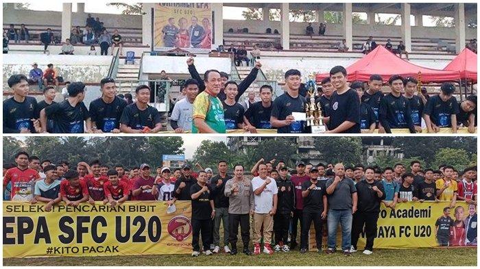 JUARA TURNAMEN EPA - Para pemenang menerima trofi juara pada penutupan Turnamen/Seleksi EPA Sriwijaya FC U20 seklaigu pengumuman nama-nama pemain yang lolos seleksi di Stadion Kamboja Palembang, pada Sabtu (10/5/2025).