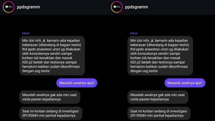 PERCAKAPAN -- Tangkapan layar percakapan isu kekerasan yang dialami seorang peserta Program Pendidikan Dokter Spesialis (PPDS) anestesi Universitas Sriwijaya, Senin (21/4/2025). Peristiwa tersebut diduga terjadi di lingkungan Rumah Sakit Umum Pusat Muhammad Hoesin Palembang.
