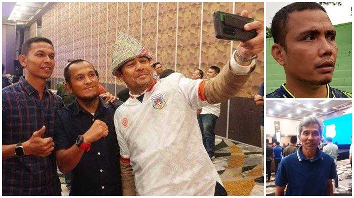 PELATIH SUMSEL UNITED - Head coach Sumsel United FC Nil Maizar berswafoto dengan eks asisten pelatih Sriwijaya FC Amirul Mukminin, Mahyadi Panggabean yang digadang bakal menjadi asisten pelatihnya.Kemudian ada eks pelatih Sriwijaya FC fisik Dino Sefriyanto yang musim lalu di Persikota Tangerang juga tampak hadir di acara malam launching tersebut. Tim Sumsel United FC yang diinisiasi Wakil Gubernur Sumsel H Cik Ujang selaku Presiden Klub juga dikabarkan bakal merekrut mantan Pelatih Kiper Timnas Indonesia U-20 Sahari Gultom.