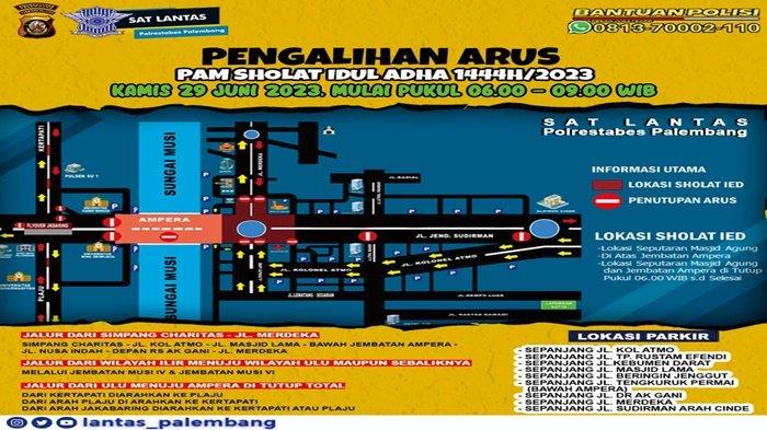 Pengalihan arus di Jembatan Ampera selama pelaksanaan Sholat Idul Adha di Masjid Agung Palembang, Rabu (28/6/2023)