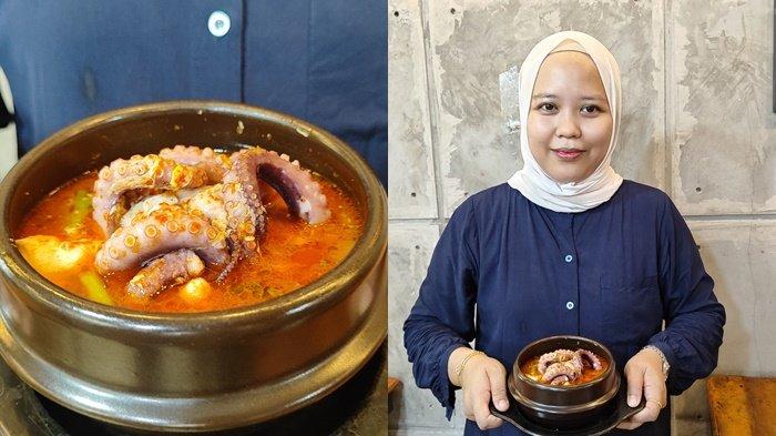 
Owner Seblak 910 Meta Monika menunjukan Seblak Gurita di Seblak 910 yang ada di Jalan Demang Lebar Daun, dekat Halte SMA Negeri 10 Palembang, Senin (12/8/2024). 