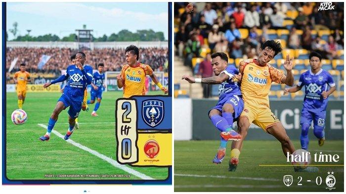 Tim PSPS Pekanbaru berhasil unggul sementara skor 2-0 atas Sriwijaya FC pada laga pekan ke-9 Liga 2 2024/25 Grup 1 di Stadion Kaharuddin Nasution, Sabtu (25/10/2024).