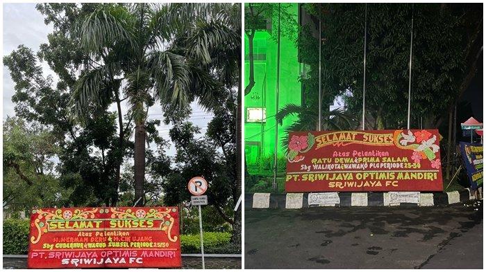 SFC KIRIM BUNGA Manajemen Klub Sriwijaya FC mengirim papan bunga ucapan selamat kepada HDCU (Herman Deru - Cik Ujang) sebagai Gubernur dan Wakil Gubernur Sumsel dan RDPS (Ratu Dewa - Prima Salam) sebagai Walikota dan Wakil Walikota Palembang yang telah dilantik oleh Presiden Prabowo Subianto di Istana Negara Jakarta, Kamis (20/2/2025).