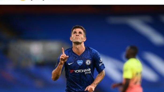 Winger Chelsea, Christian Pulisic, merayakan gol yang dicetak ke gawang Manchester City dalam laga Liga Inggris di Stadion Stamford Bridge, Kamis (25/6/2020).