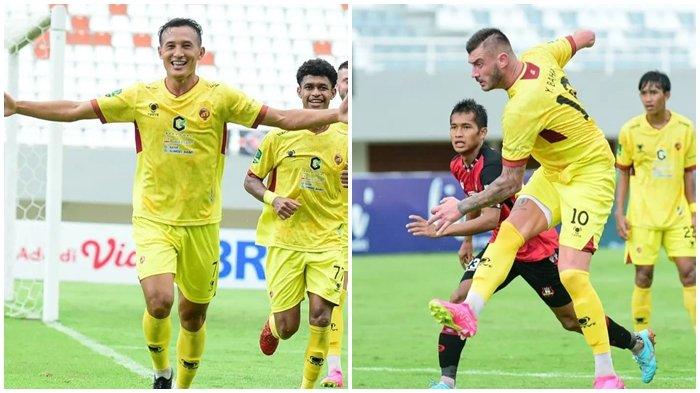 Penampilan dua striker asing Sriwijaya FC Chencho Gyeltshen asal Bhutan dan Yevhen Baha Bokhashvili asal Ukraina saat menundukkan Sada Sumut FC dengan skor 3-1 di Stadion Gelora Sriwijaya Jakabaring Palembang, Selasa (16/1/2024)