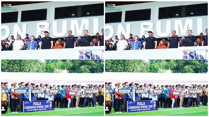 UCOK SAMBUT BAIK - Ketua Umum Asprov PSSI Sumsel Ir H Ucok Hidayat MT (kedua dari kanan atas) mendampingi Gubernur Sumsel H Herman Deru dan Wakil Gubernur Sumsel H Cik Ujang pada pembukaan Kejuaraan Sepakbola Piala Gubernur Sumsel Antar OPD di Stadion Bumi Sriwijaya Palembang, Senin (2/6/2025). Ucok mantan Manajer Sriwijaya FC menyambut baik hadirnya Sumsel United yang akan menambah gairah Liga 2 di Sumsel.