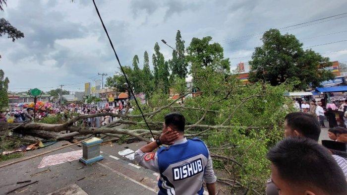 POHON TUMBANG - Pohon tumbang di lokasi Alun-alun Kabupaten Pemalang, Senin (31/3/2025). Dari kejadian ini, 2 orang korban di antaranya meninggal dunia, 2 orang korban kritis, dan 15 orang korban mengalami luka ringan. (Dok Warga)