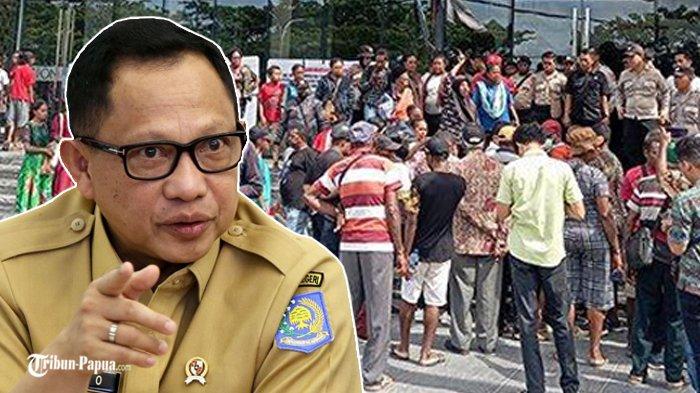 Sejumlah masyarakat adat gelar aksi demo jelang pelantikan MRPBD Kamis (14/12/2023). Inzert: Menteri Dalam Negeri (Mendagri) Tito Karnavian.