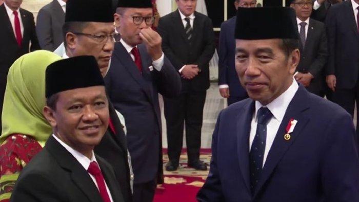 DILANTIK - Menteri ESDM Bahlil Lahadalia berjabat tangan dengan Presiden Joko Widodo dalam acara pelantikan di Istana Negara, Jakarta, Senin (19/8/2024). (KOMPAS.com/Ardito Ramadhan)