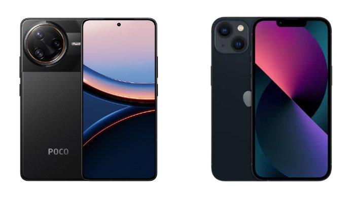 PERBANDINGAN HP - Kolase tangkapan layar tampilan HP POCO F7 Ultra dan iPhone 13 yang diambil dari website Mi.co.id dan iBox.co.id, Senin (28/4/2025).