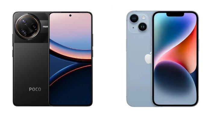 PERBANDINGAN HP - Kolase tangkapan layar tampilan HP POCO F7 Ultra dan iPhone 14 yang diambil dari website Mi.co.id dan iBox.co.id, Rabu (30/4/2025).