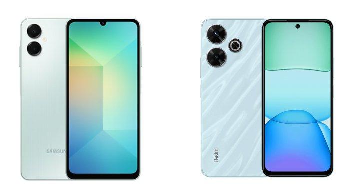 PERBANDINGAN HP -  Kolase tangkapan layar tampilan HP Samsung Galaxy A06 5G dan Xiaomi Redmi 13 yang diambil dari website Samsung.com dan Mi.co.id, Kamis (8/5/2025).