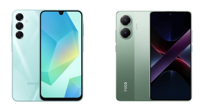 PERBANDINGAN HP - Tangkapan layar tampilan HP Samsung Galaxy A16 5G dan POCO M7 Pro 5G yang diambil dari website Samsung.com dan Mi.co.id, Rabu (9/4/2025).