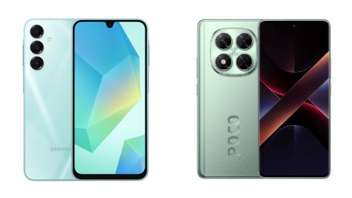 PERBANDINGAN HP -  Kolase tangkapan layar tampilan HP Samsung Galaxy A16 5G dan POCO X7 5G yang diambil dari website Samsung.com dan Mi.co.id, Kamis (6/3/2025).