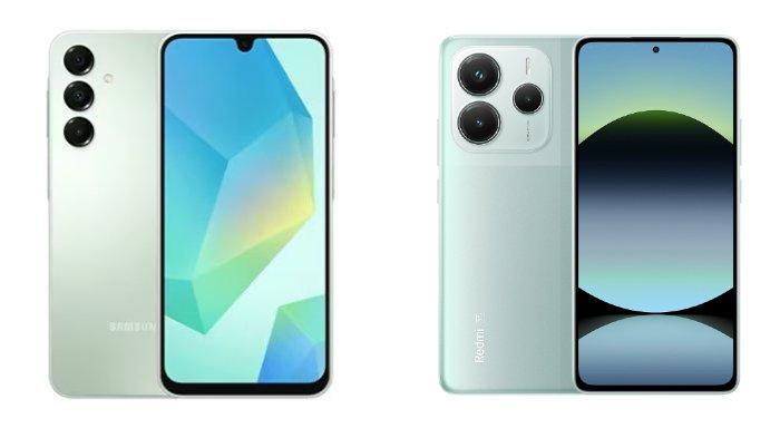 PERBANDINGAN HP - Tangkapan layar tampilan HP Samsung Galaxy A16 dan Xiaomi Redmi Note 14 5G yang diambil dari website Samsung.com dan Mi.co.id, Kamis (20/2/2025).