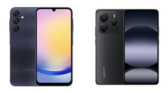 PERBANDINGAN HP - Tangkapan layar tampilan HP Samsung Galaxy A25 5G dan Xiaomi Redmi Note 14 5G yang diambil dari website Samsung.com dan Mi.co.id, Kamis (6/2/2025).