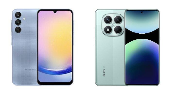PERBANDINGAN HP - Tangkapan layar tampilan HP Samsung Galaxy A25 5G dan Xiaomi Redmi Note 14 Pro 5G yang diambil dari website Samsung.com dan Mi.co.id, Minggu (9/2/2025).