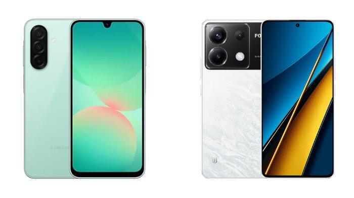 PERBANDINGAN HP -  Kolase tangkapan layar tampilan HP Samsung Galaxy A26 5G dan POCO X6 5G yang diambil dari website Samsung.com dan Mi.co.id, Kamis (1/5/2025).