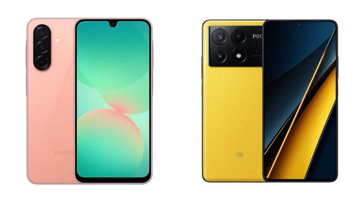 PERBANDINGAN HP -  Kolase tangkapan layar tampilan HP Samsung Galaxy A26 5G dan POCO X6 Pro 5G yang diambil dari website Samsung.com dan Mi.co.id, Rabu (30/4/2025).