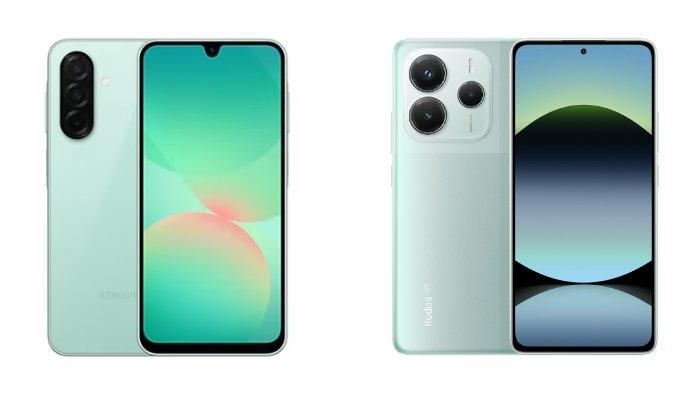 PERBANDINGAN HP - Tangkapan layar tampilan HP Samsung Galaxy A26 5G dan Xiaomi Redmi Note 14 5G yang diambil dari website Samsung.com dan Mi.co.id, Rabu (30/4/2025).
