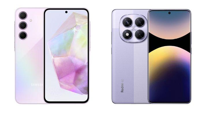PERBANDINGAN HP - Tangkapan layar tampilan HP Samsung Galaxy A35 5G dan Xiaomi Redmi Note 14 Pro 5G yang diambil dari website Samsung.com dan Mi.co.id, Rabu (5/2/2025).