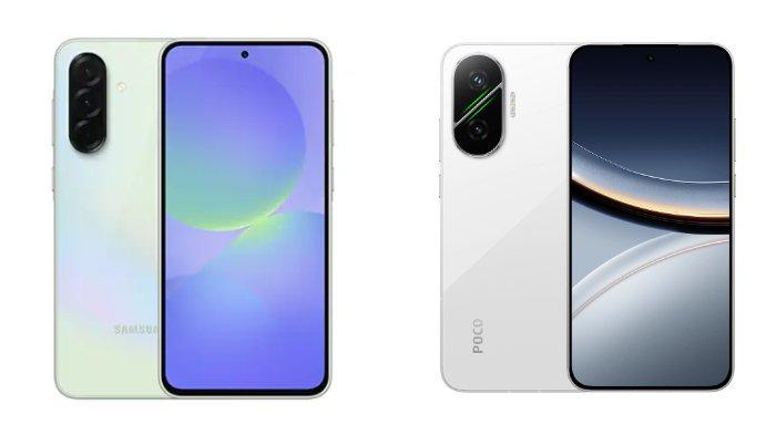PERBANDINGAN HP - Tangkapan layar tampilan HP Samsung Galaxy A36 5G dan POCO F7 yang diambil dari website Samsung.com dan Mi.co.id, Jumat (27/6/2025).