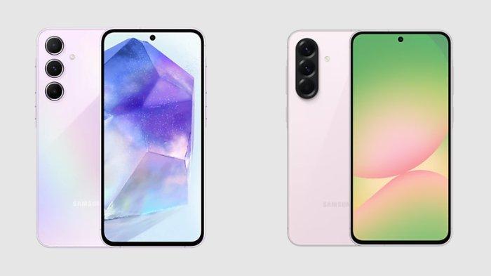 HP SAMSUNG - Kolase tangkapan layar tampilan HP Samsung Galaxy A55 5G dan Galaxy A56 5G yang diambil dari website Samsung.com, Jumat (28/3/2025).